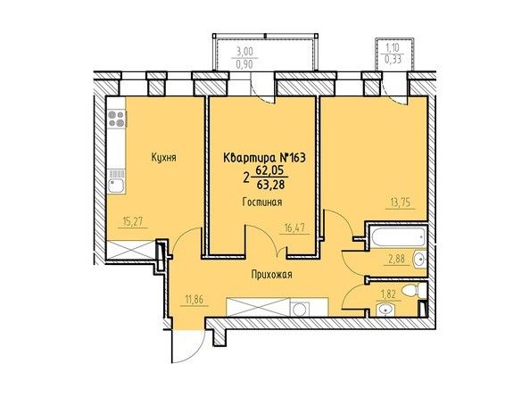 Планировка двухкомнатной квартиры 63,28 кв.м