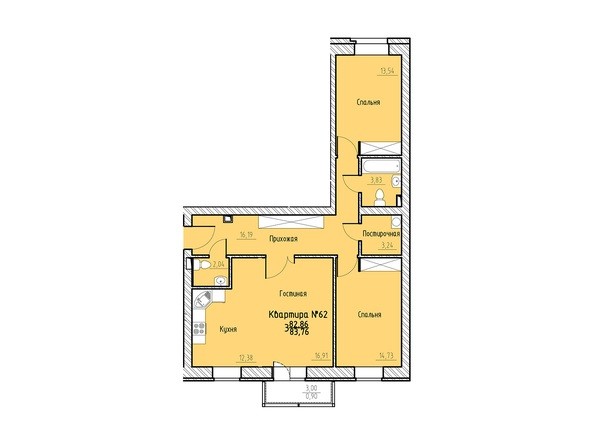Планировка трехкомнатной квартиры 83,76 кв.м
