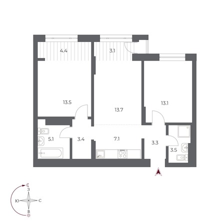 Планировка 3-комн 70,2 м²