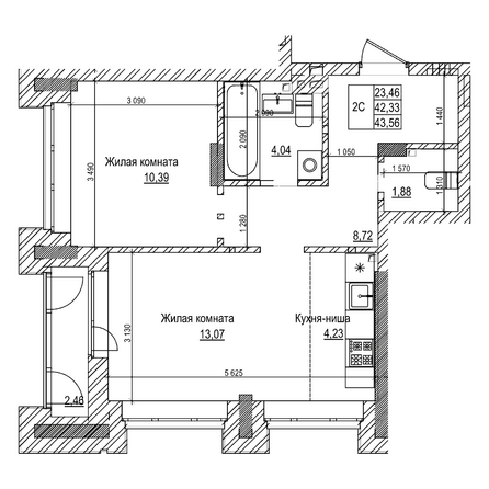 Планировка 2-комн 42,3 м²