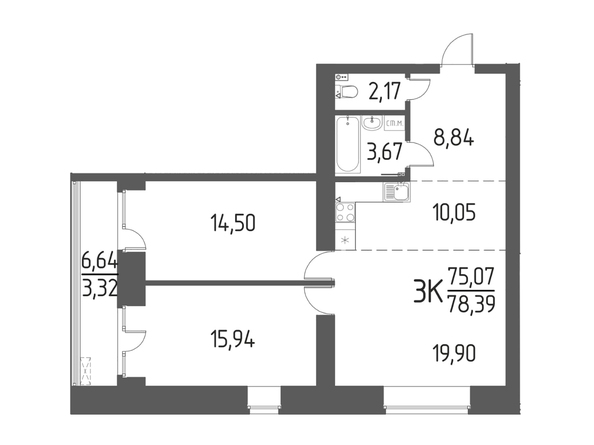 Планировка 3-комн 78,39 м²