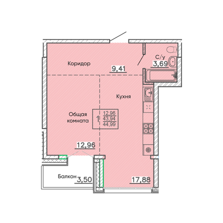 Планировка 1-комн 44,99 м²