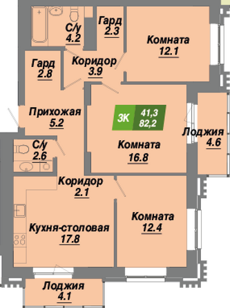 Планировка 3-комн 82,2 м²