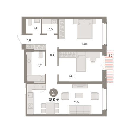 Планировка 2-комн 78,85 - 79,06 м²