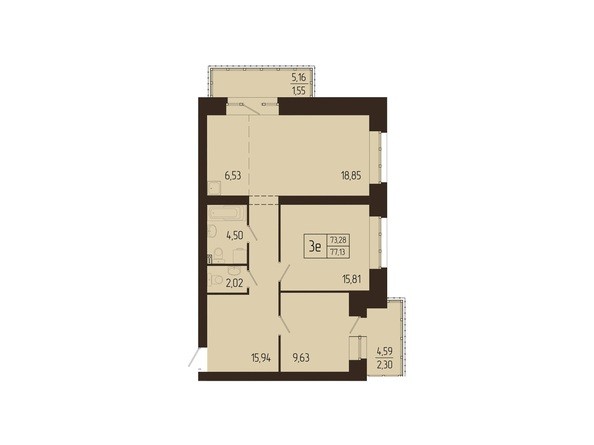 Планировка трехкомнатной квартиры 77,13 кв.м