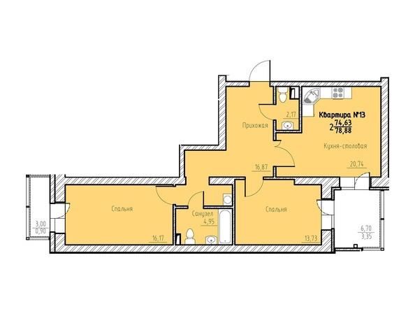 Планировка двухкомнатной квартиры 78,88 кв.м