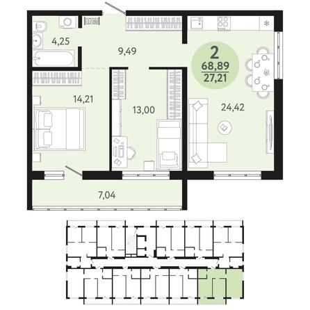 Планировка 2-комн 68,89 м²