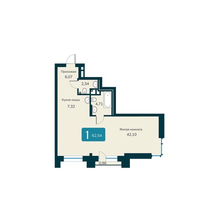 Планировка 2-комн 62,54, 62,75 м²