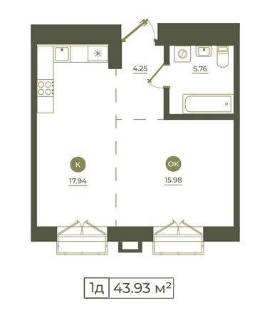 Планировка 1-комн 43,93 м²