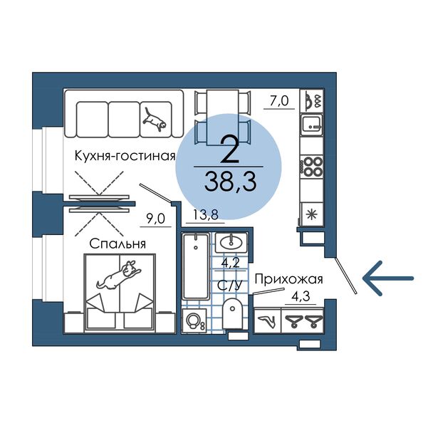 Планировка 2-комн 38,3 м²