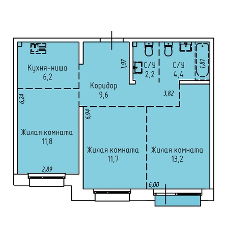 Планировка 3-комн 59,2, 60,1 м²