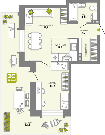 Планировка 2-комн 58,9 м²