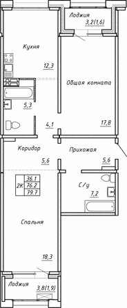 Планировка 2-комн 79,7 м²