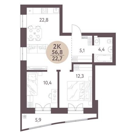 Планировка 2-комн 56,8 м²