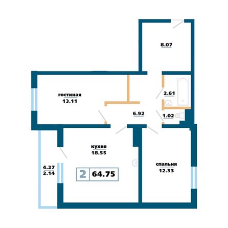 Планировка 2-комн 64,75 м²
