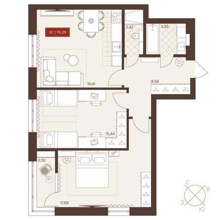 Планировка 3-комн 70,29 м²