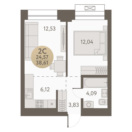 Планировка 2-комн 38,61 м²