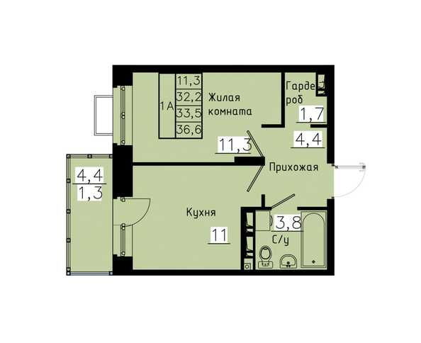 Планировка 1-комн 33,5 м²