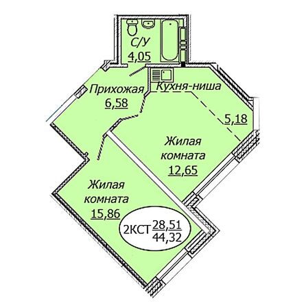 Планировка 2-комн 44,32 м²