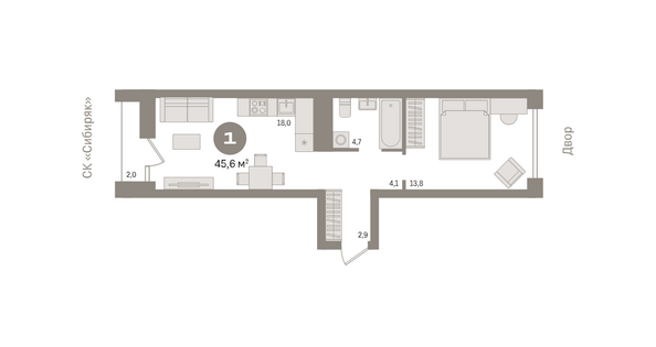 Планировка 1-комн 45,55 - 46,09 м²