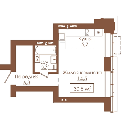 Планировка 1-комн 30,5 м²