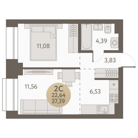 Планировка 2-комн 37,39 м²