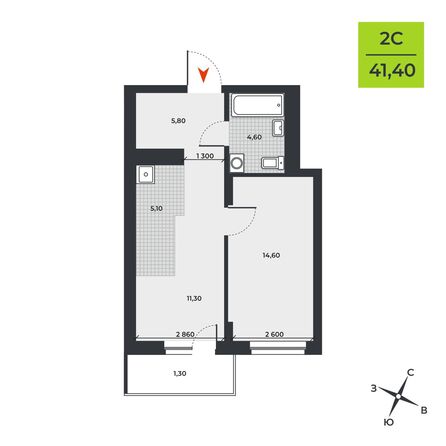 Планировка 2-комн 41,4 м²