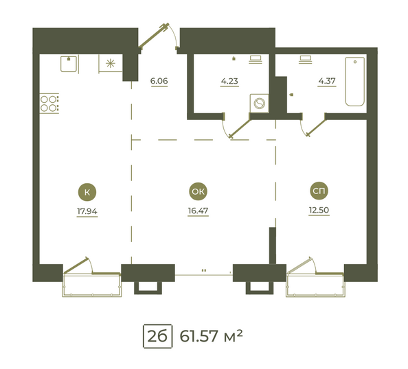Планировка 2-комн 61,57, 62,45 м²