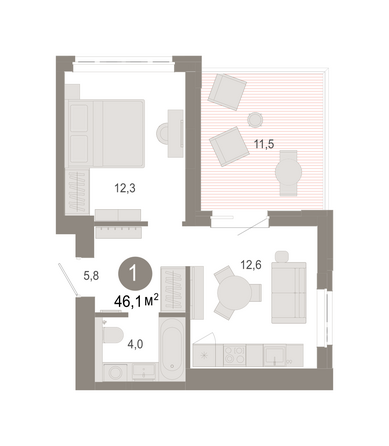 Планировка 1-комн 46,14, 47,08 м²