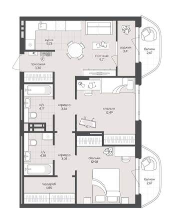 Планировка 2-комн 72,83, 73,32 м²