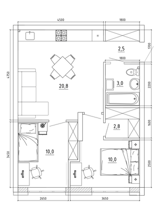 Планировка 2-комн 51,2 м²