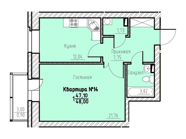Планировка однокомнатной квартиры 48,0 кв.м