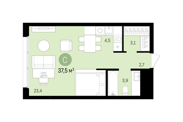 Планировка Студия 37,53 м²