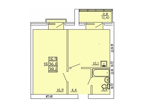 1-комнатная 38,2 кв.м