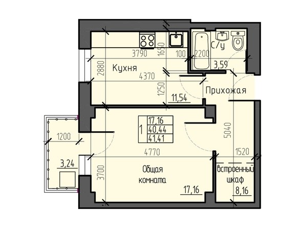 Планировка однокомнатной квартиры 41,41 кв.м