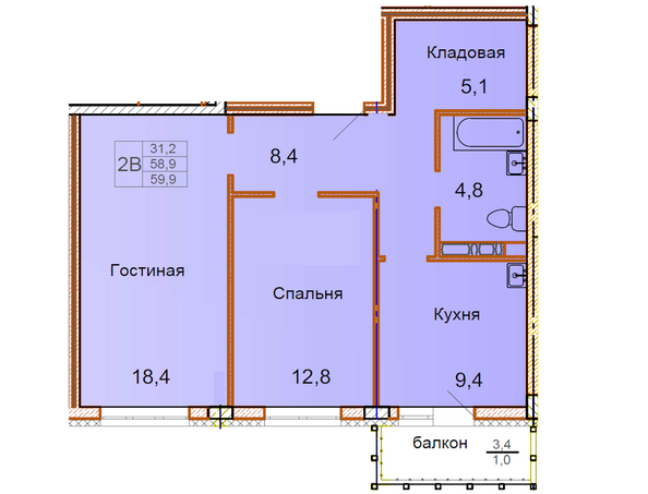 Планировка 2-комн 59,9 м²