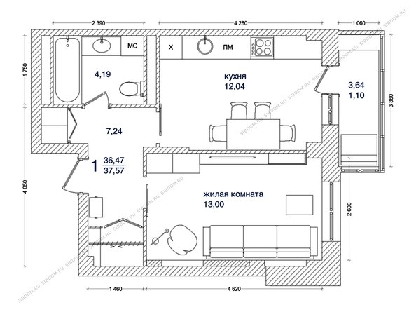 Планировка 1-комнатной квартиры 41,03 кв.м