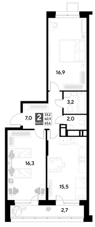 Планировка 2-комн 63,6, 64,7 м²