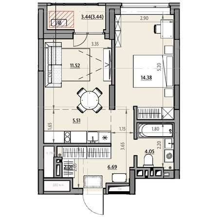 Планировка 1-комн 47,6, 47,9 м²