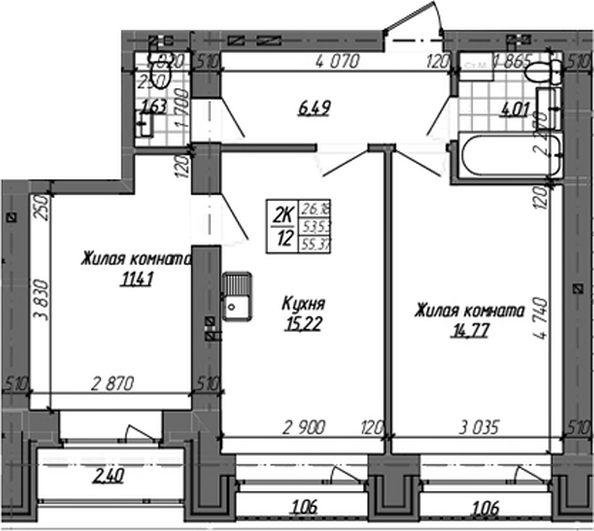 Планировка 2-комн 53,5, 53,52 м²