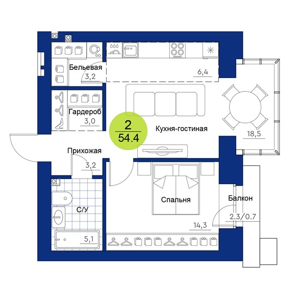 Планировка 2-комн 54,4 м²