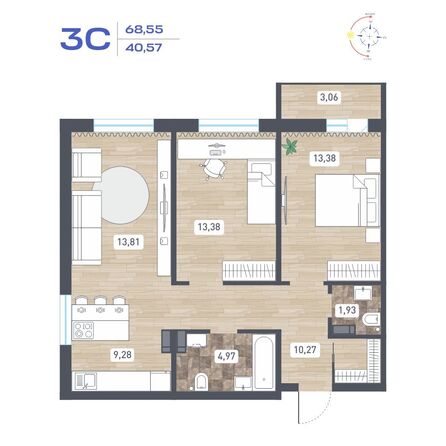 Планировка 3-комн 68,55 м²