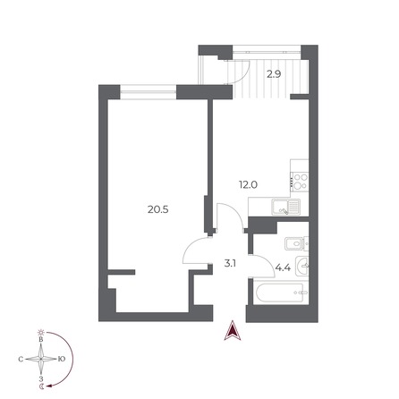 Планировка 1-комн 42,9 м²