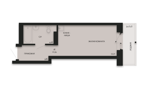 Планировка Студия 22,34, 22,4 м²
