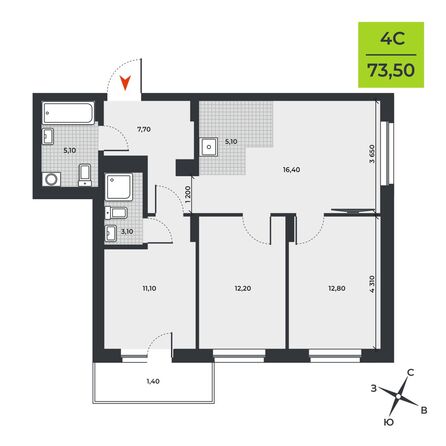 Планировка 4-комн 73,5 м²