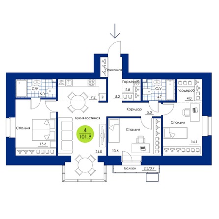Планировка 4-комн 101,9 м²
