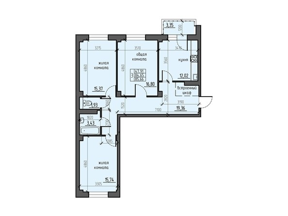 Планировка трехкомнатной квартиры 85,66 кв.м