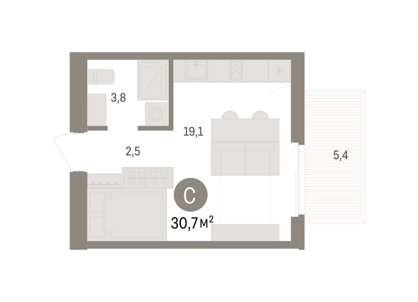 Планировка Студия 30,7 м²