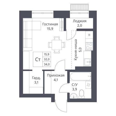 Планировка Студия 34 м²