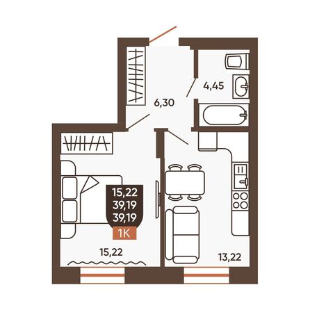 Планировка 1-комн 39,19 м²